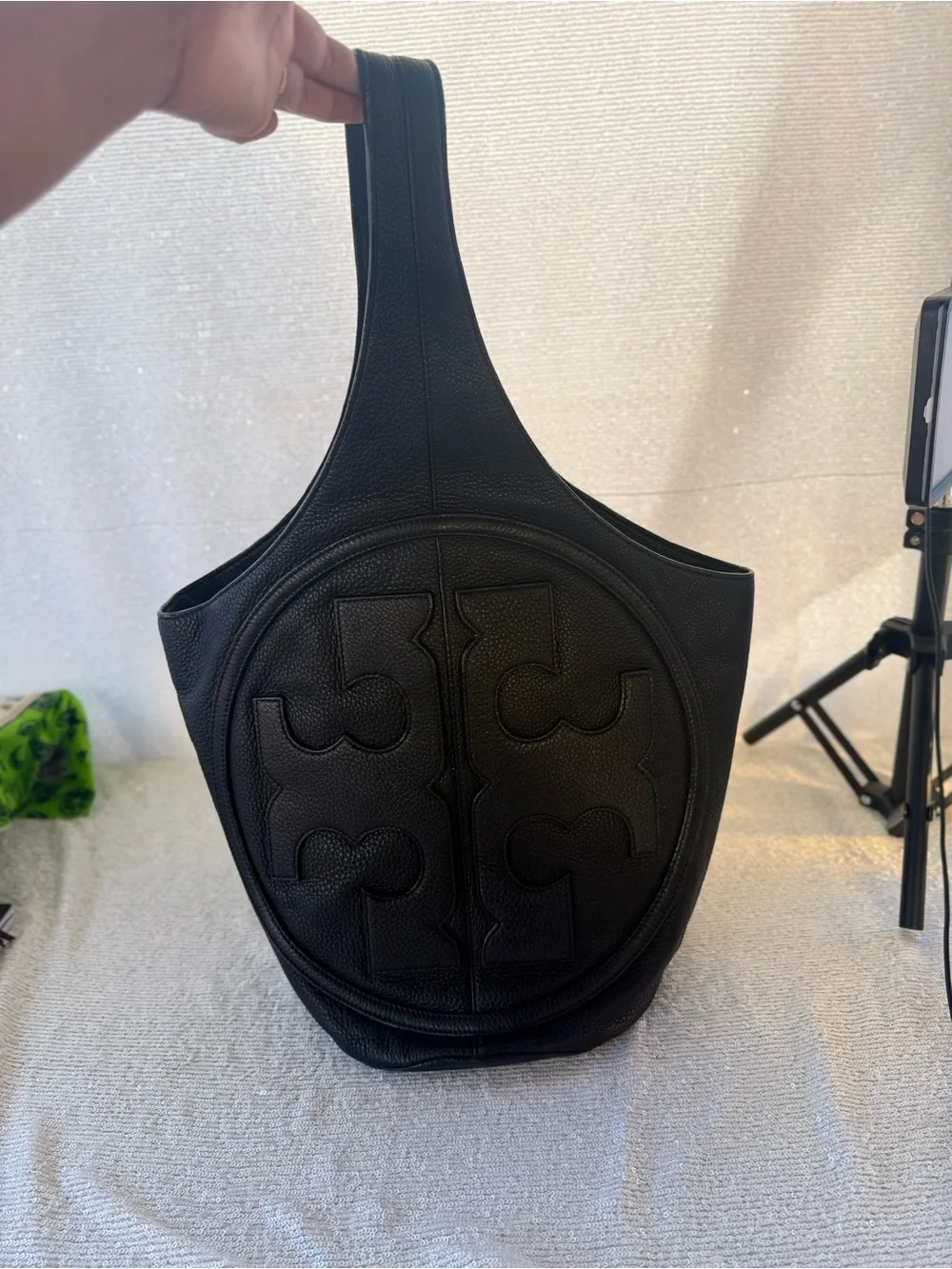 Tory Burch Black Pebbled Logo Hobo Bag